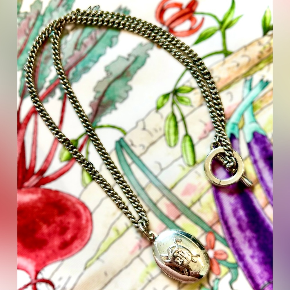 Ralph Lauren RL Silver Tone Locket Necklace Toggle Clasp